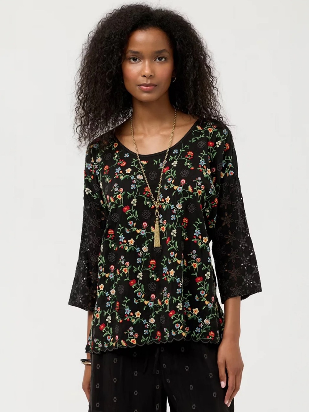 Johnny Was Caralyn Blouse Claudia Print Black Embroidered Size Small NWT